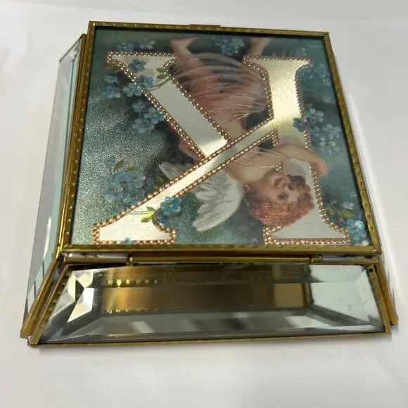 Beveled Glass Jewelry Trinket Box Victorian Style Angel Flowers Monogram K